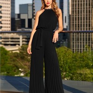 Boston Proper Black Jumpsuit Textured Fabric Wide Legs